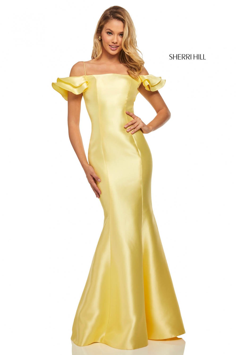 Sherri Hill 52467 prom dress images. Sherri Hill 52467 is available in these colors: Lilac, Light Blue, Yellow, Fuchsia, Black, Navy, Red.