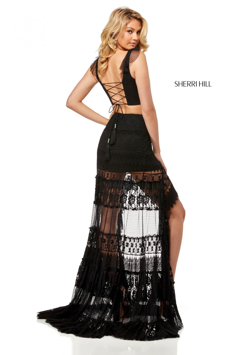 Sherri Hill 52472 prom dress images. Sherri Hill 52472 is available in these colors: Lilac, Yellow, Black, Aqua, Ivory, Red, Vintage Rose.