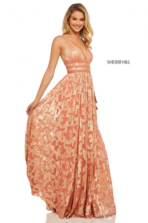 Sherri Hill 52474 prom dress images.  Sherri Hill 52474 is available in these colors: Ivory Gold, Black Gold, Coral Gold, Light Blue Gold.