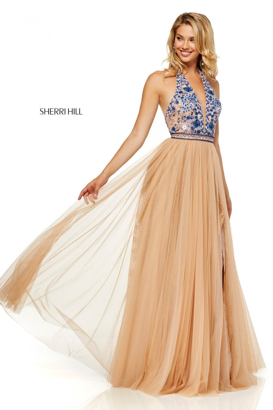 Sherri Hill 52475 prom dress images.  Sherri Hill 52475 is available in these colors: Nude Blue, Ivory Blue, Nude Aqua, Ivory Coral, Nude Coral, Ivory Aqua.