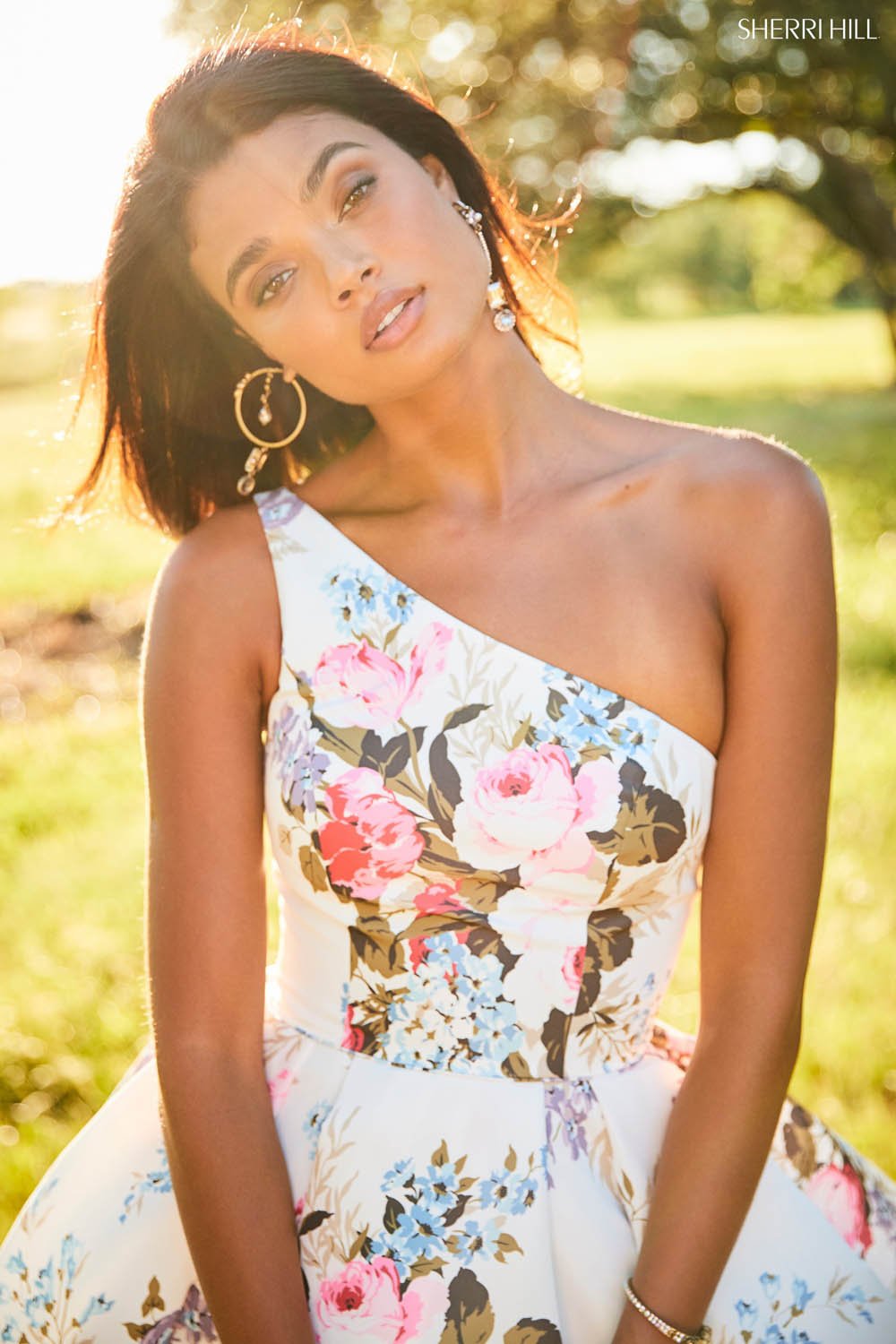 Sherri Hill 52489 prom dress images. Sherri Hill 52489 is available in these colors: Light Blue Print, Yellow Print, Ivory Print, Lilac Print, Light Yellow Print.