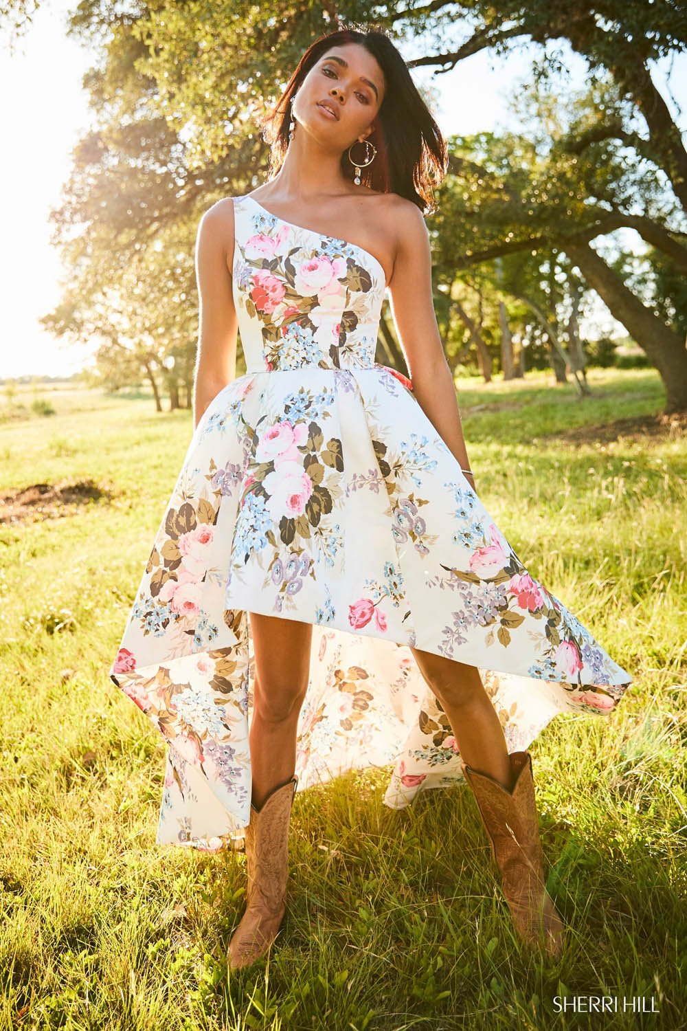 Sherri Hill 52489 prom dress images. Sherri Hill 52489 is available in these colors: Light Blue Print, Yellow Print, Ivory Print, Lilac Print, Light Yellow Print.