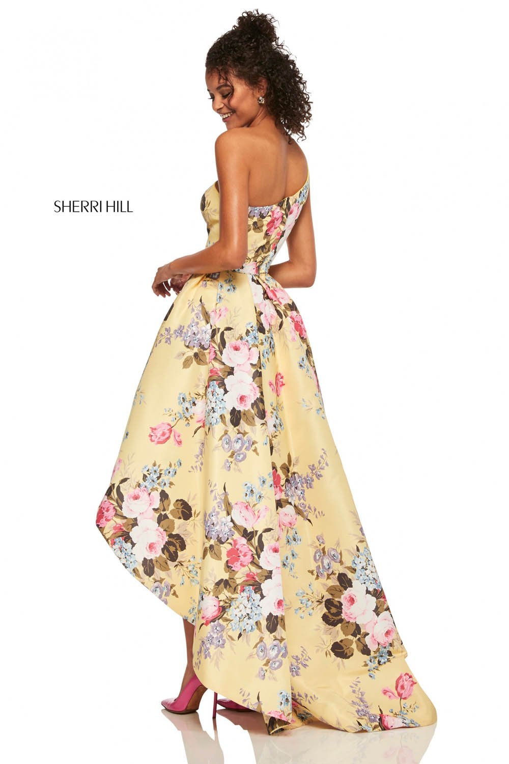 Sherri Hill 52489 prom dress images. Sherri Hill 52489 is available in these colors: Light Blue Print, Yellow Print, Ivory Print, Lilac Print, Light Yellow Print.