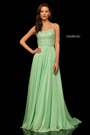 Sherri Hill 52591 prom dress images.  Sherri Hill 52591 is available in these colors: Blue, Periwinkle, Yellow, Light Green, Pink, Nude.
