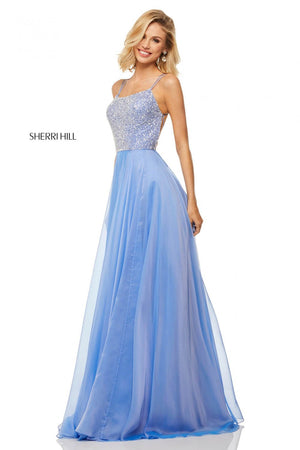Sherri Hill 52591 prom dress images.  Sherri Hill 52591 is available in these colors: Blue, Periwinkle, Yellow, Light Green, Pink, Nude.