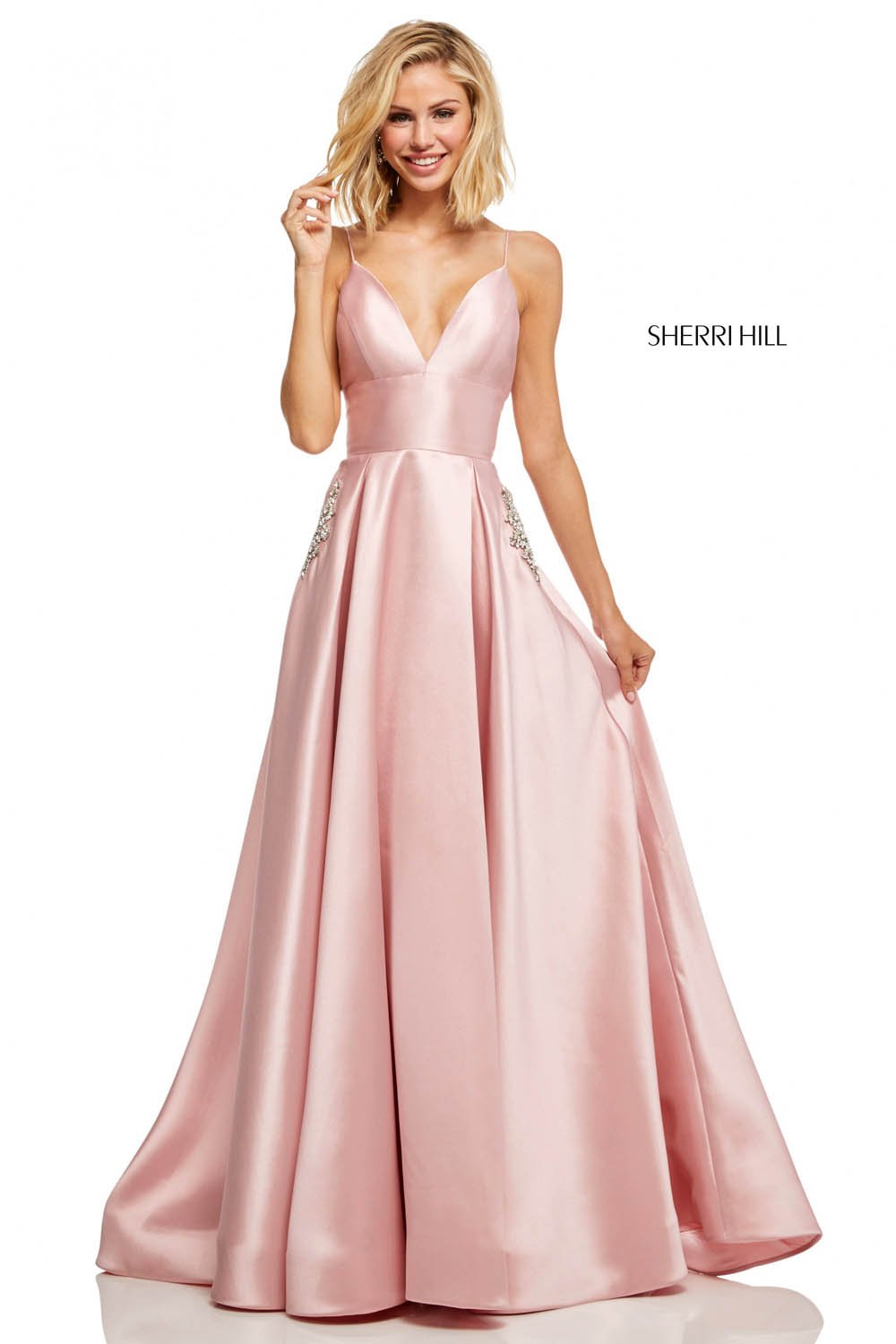 Sherri Hill 52597 prom dress images. Sherri Hill 52597 is available in these colors: Emerald, Coral, Navy, Yellow, Red, Blush, Black, Violet, Light Blue, Mocha.