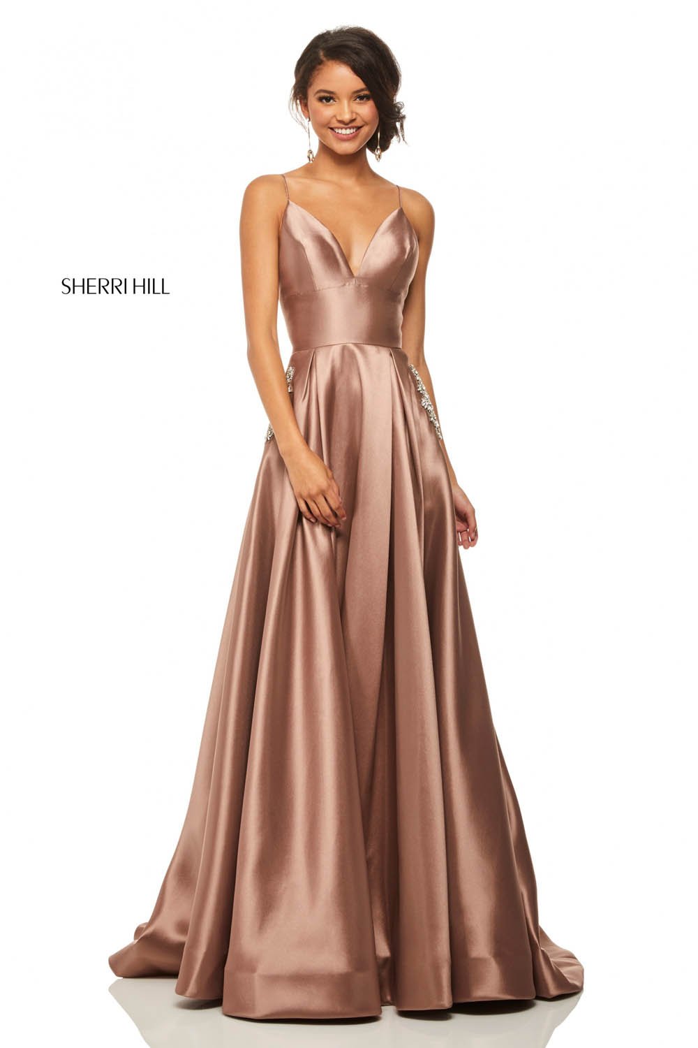 Sherri Hill 52597 prom dress images. Sherri Hill 52597 is available in these colors: Emerald, Coral, Navy, Yellow, Red, Blush, Black, Violet, Light Blue, Mocha.