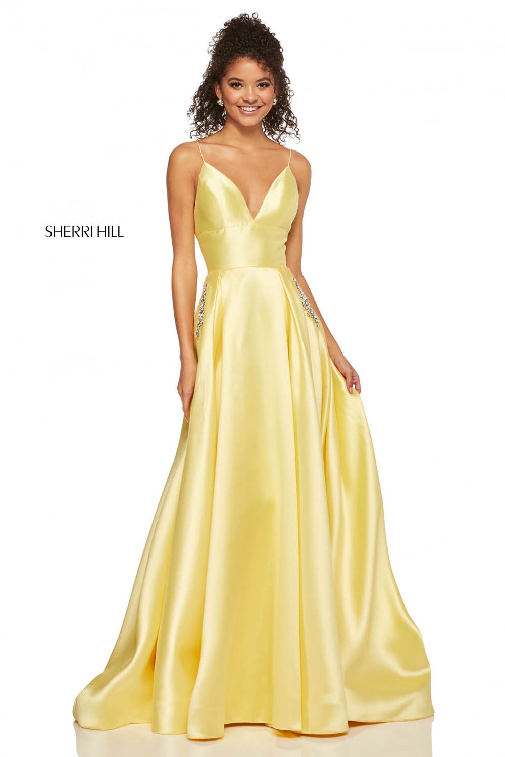 Sherri Hill 52597 prom dress images. Sherri Hill 52597 is available in these colors: Emerald, Coral, Navy, Yellow, Red, Blush, Black, Violet, Light Blue, Mocha.