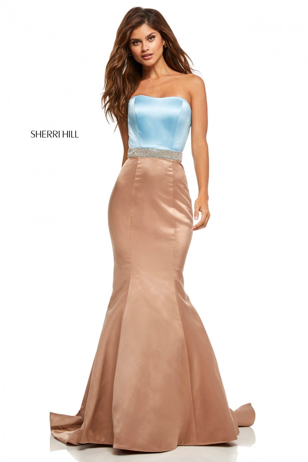 Sherri Hill 52616 prom dress images. Sherri Hill 52616 is available in these colors: Black Fuchsia, Ivory Black, Blush Navy, Light Blue Mocha, Red, Coral Mocha, Red Black, Yellow, Emerald, Royal.