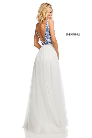 Sherri Hill 52672 prom dress images.  Sherri Hill 52672 is available in these colors: Ivory Coral, Ivory Aqua, Ivory Blue, Nude Aqua, Nude Coral, Nude Blue.