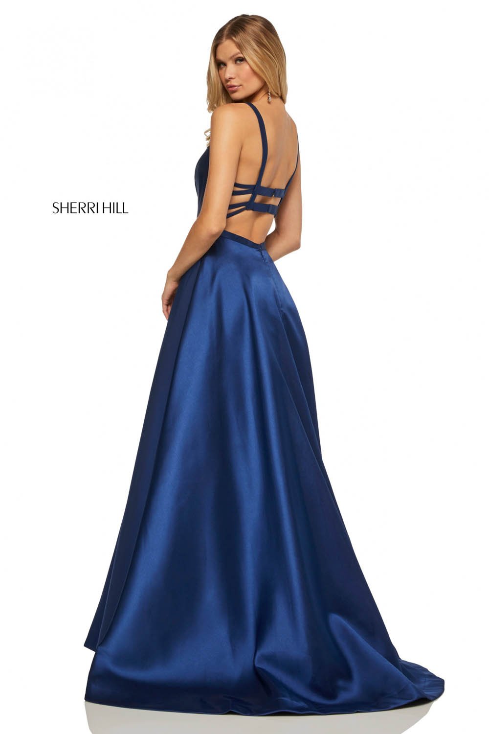 Sherri Hill 52715 prom dress images. Sherri Hill 52715 is available in these colors: Navy, Light Purple, Yellow, Blush, Emerald, Royal, Purple, Orange, Red, Berry.