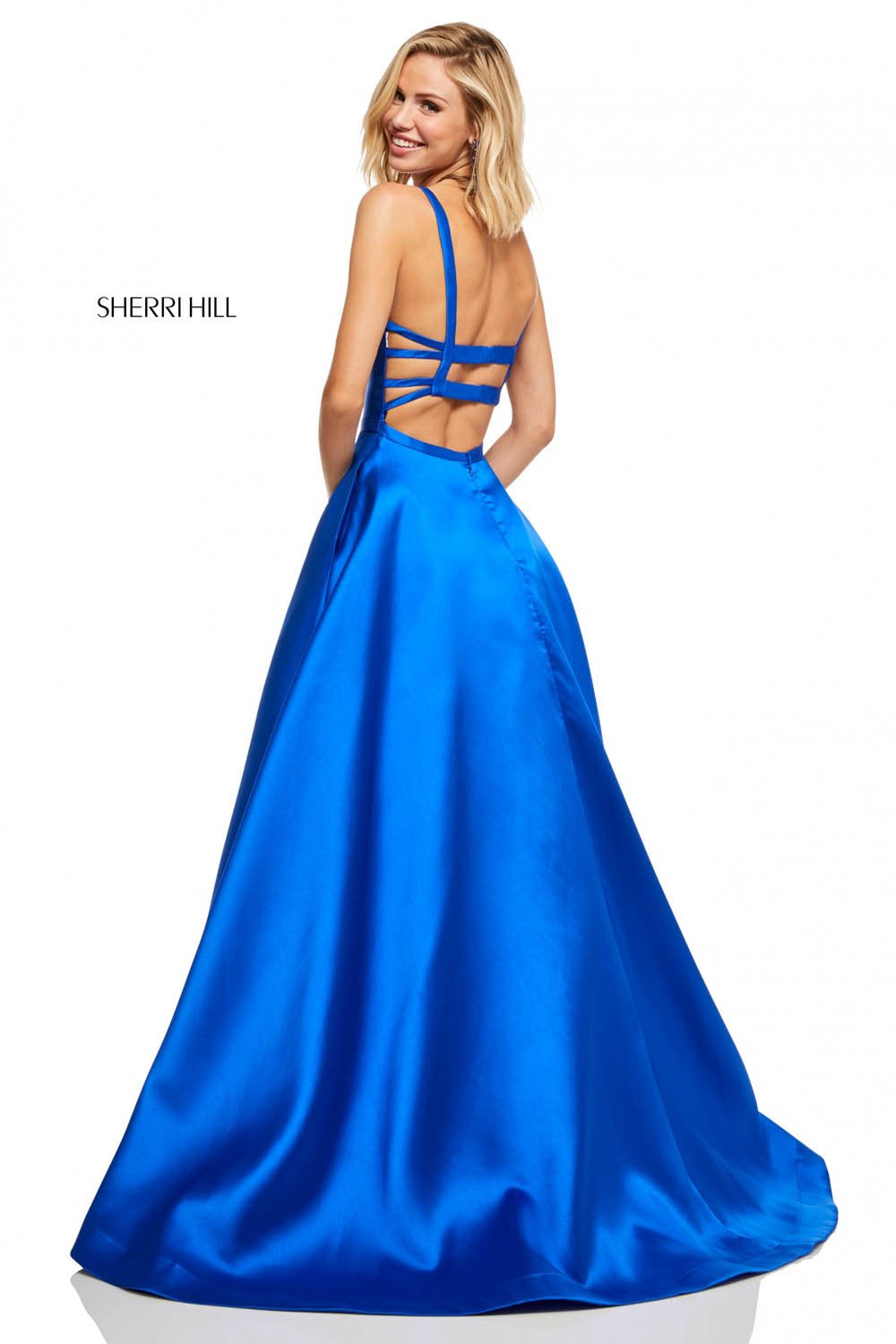 Sherri Hill 52715 prom dress images. Sherri Hill 52715 is available in these colors: Navy, Light Purple, Yellow, Blush, Emerald, Royal, Purple, Orange, Red, Berry.