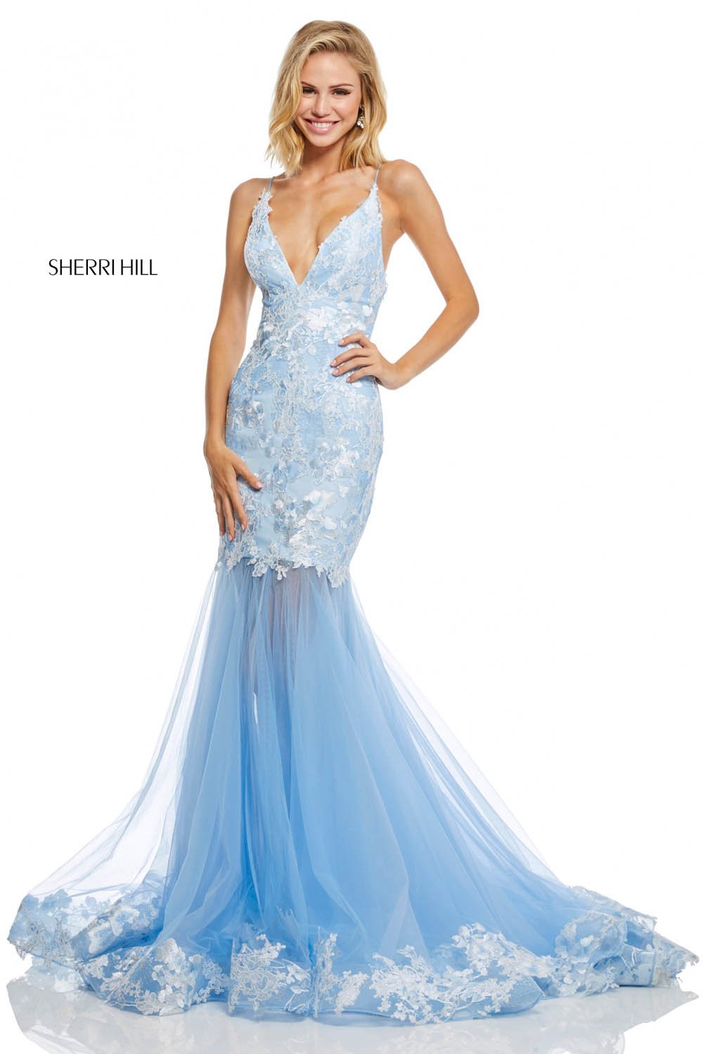 Sherri Hill 52741 prom dress images. Sherri Hill 52741 is available in these colors: Yellow, Ivory, Light Blue, Light Green, Coral.