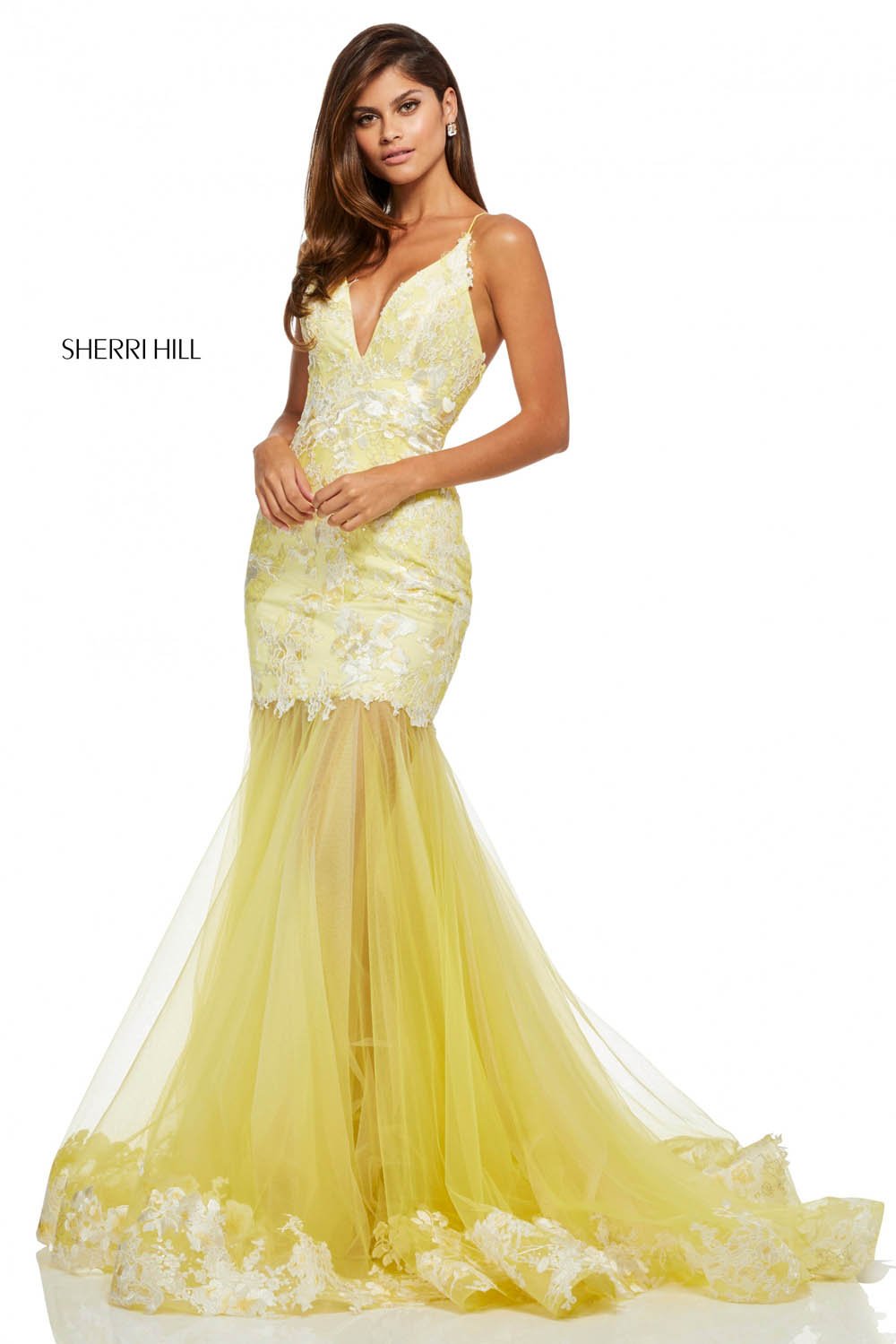 Sherri Hill 52741 prom dress images. Sherri Hill 52741 is available in these colors: Yellow, Ivory, Light Blue, Light Green, Coral.