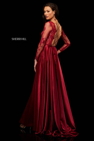 Sherri Hill 52765 prom dress images.  Sherri Hill 52765 is available in these colors: Black Red, Red, Black, Wine, Navy.
