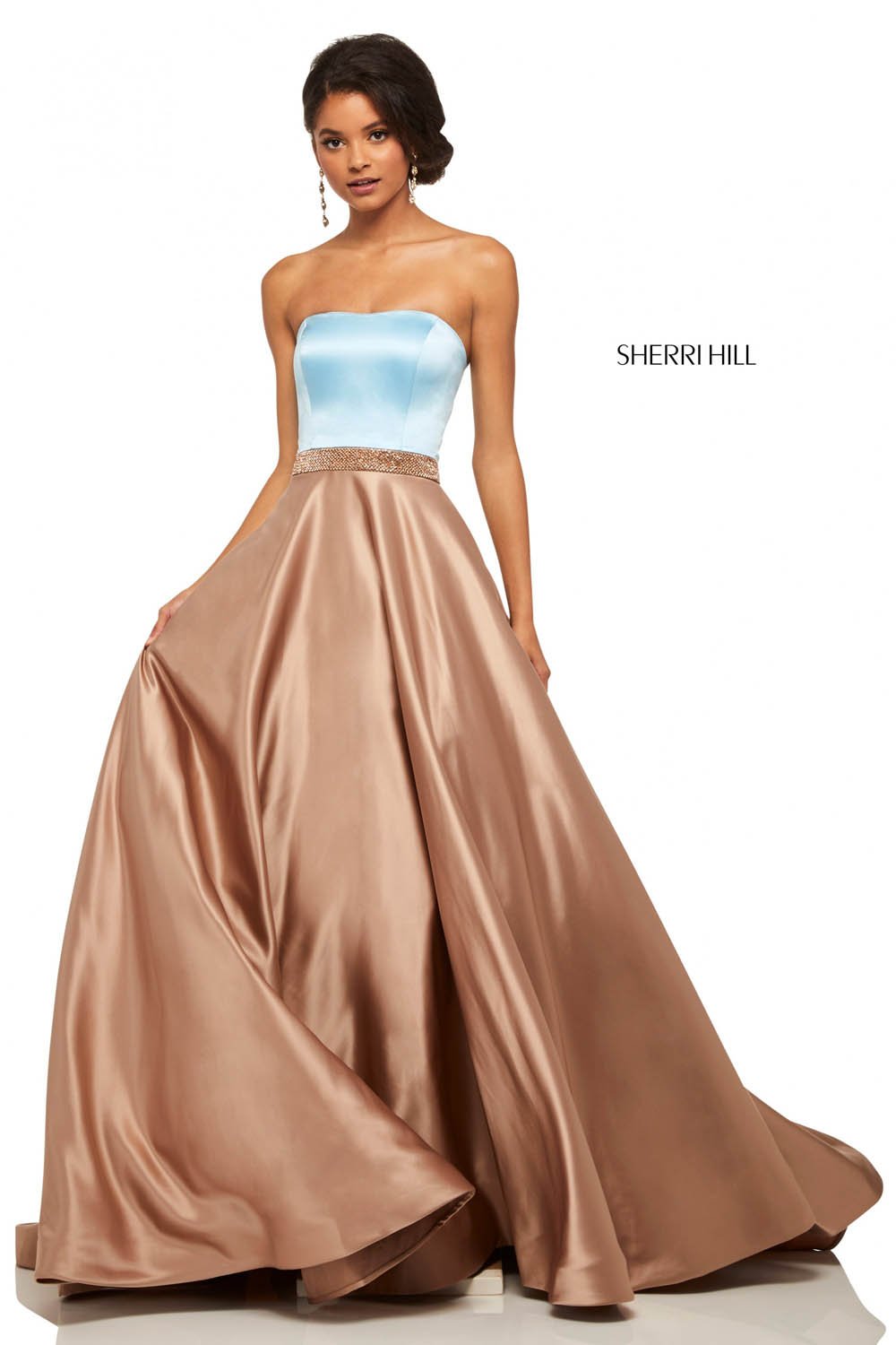Sherri Hill 52776 prom dress images. Sherri Hill 52776 is available in these colors: Light Blue Mocha, Fuchsia Red, Red Black, Ivory Black, Blush Navy, Coral Mocha, Ivory Mocha.