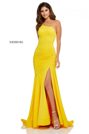 Sherri Hill 52789 prom dress images.  Sherri Hill 52789 is available in these colors: Royal, Yellow, Purple, Fuchsia, Emerald, Black.