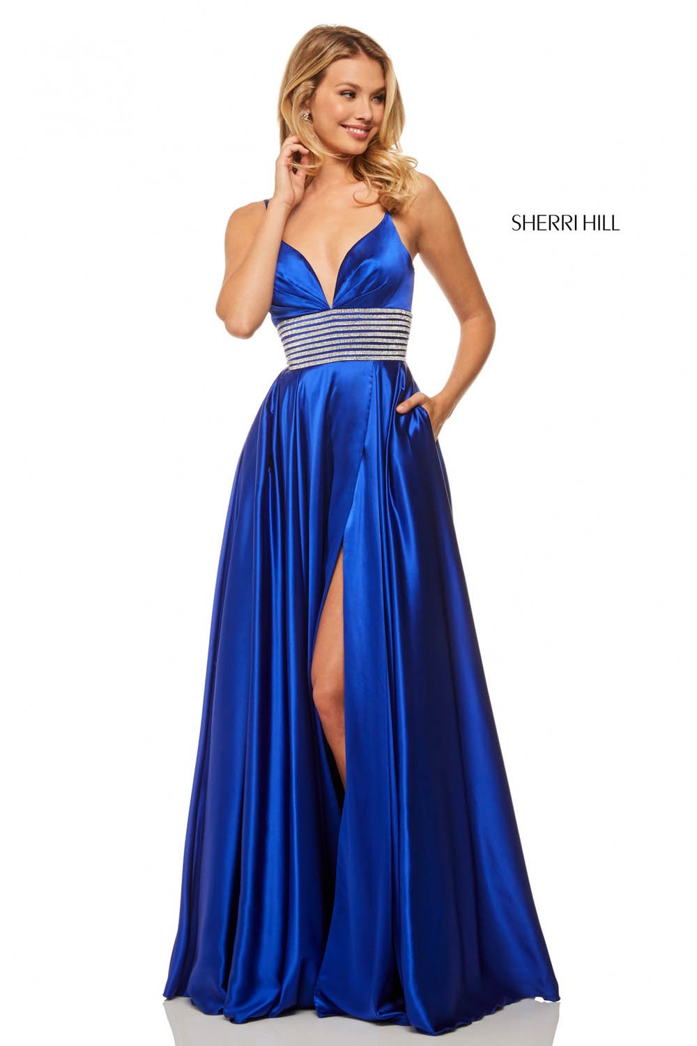Sherri Hill 52906 prom dress images. Sherri Hill 52906 is available in these colors: Royal, Emerald, Red, Black, Ivory.