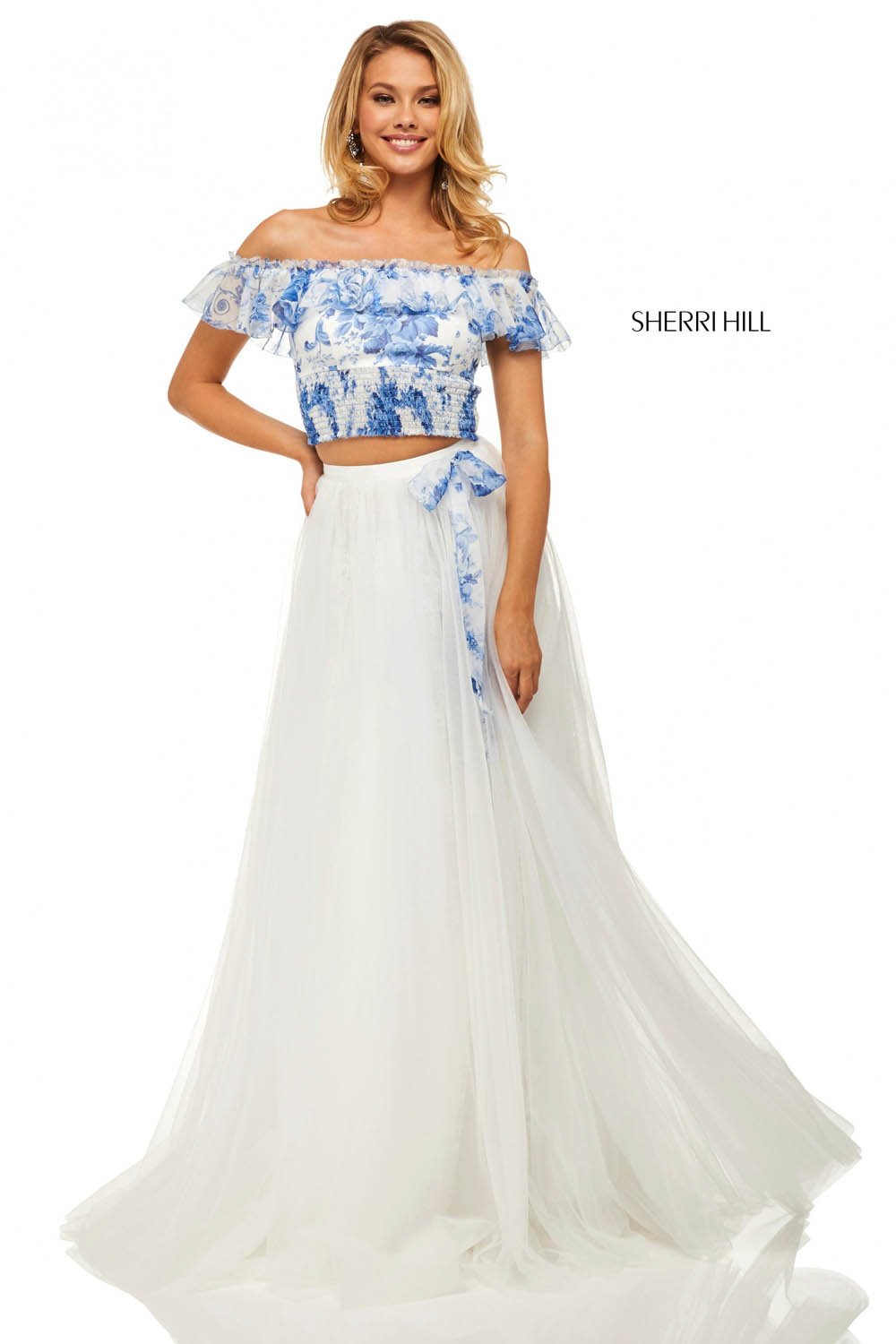 Sherri Hill 52910 prom dress images. Sherri Hill 52910 is available in these colors: Blue Ivory Print.