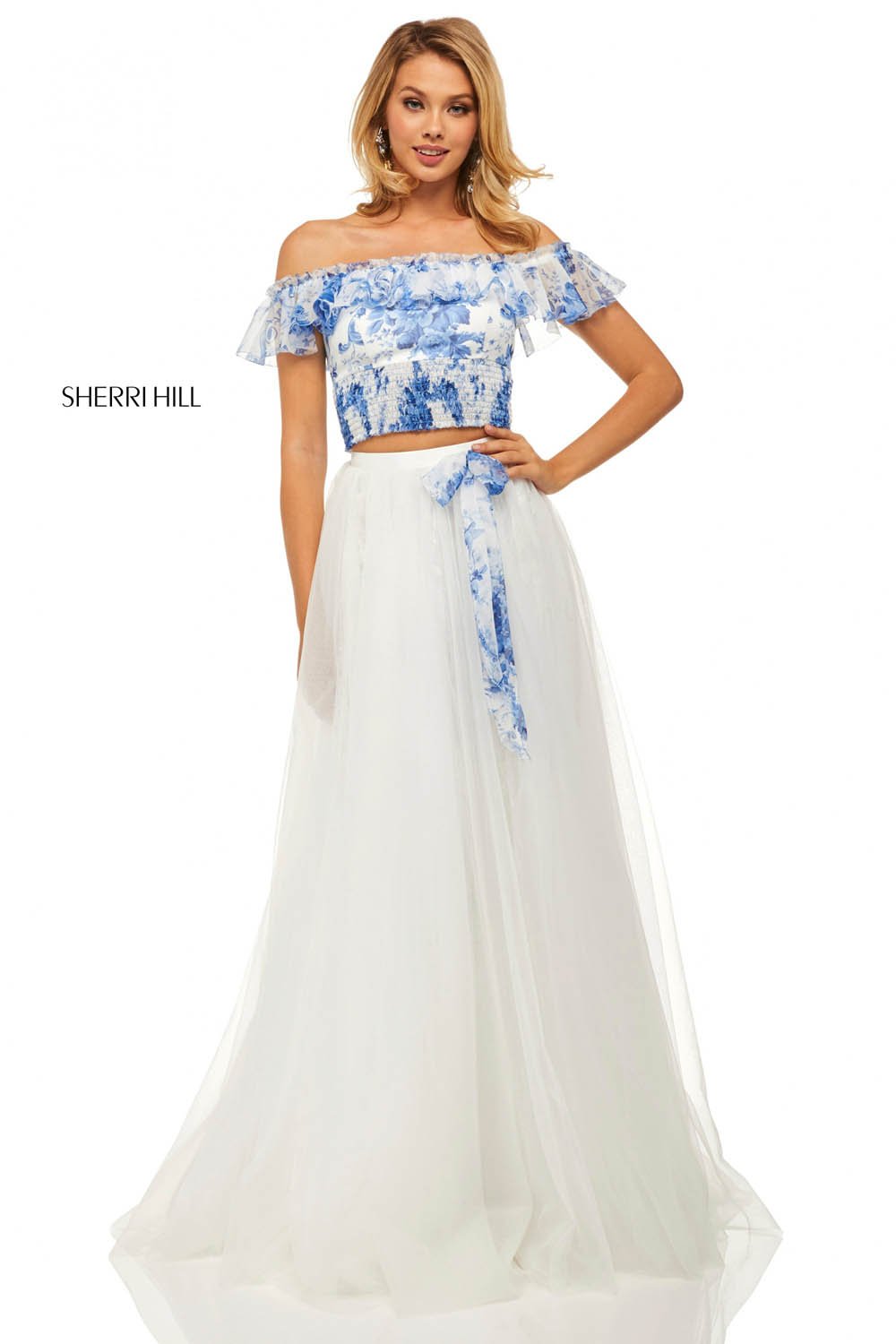 Sherri Hill 52910 prom dress images. Sherri Hill 52910 is available in these colors: Blue Ivory Print.