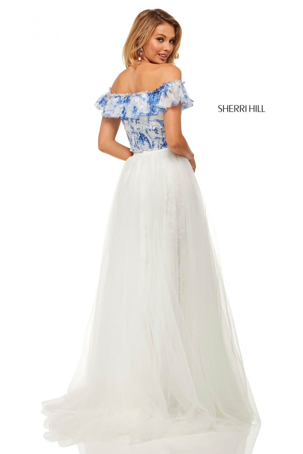 Sherri Hill 52910 prom dress images. Sherri Hill 52910 is available in these colors: Blue Ivory Print.