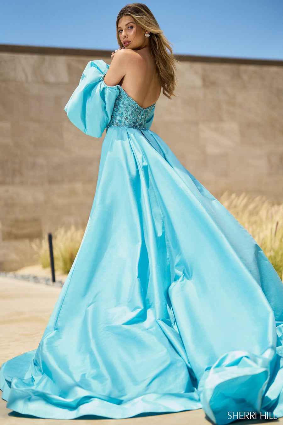 Sherri Hill 55631 prom dress images.  Sherri Hill 55631 is available in these colors: Jade, Candy Pink, Blush, Chartreuse, Yellow, Light Blue, Aqua, Red.