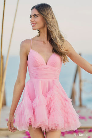 Sherri Hill 55818 prom dress images.  Sherri Hill 55818 is available in these colors: Hot Pink, Ivory, Light Blue, Light Champagne.