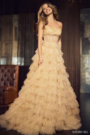 Sherri Hill 55950 prom dress images.  Sherri Hill 55950 is available in these colors: Gold, Black.