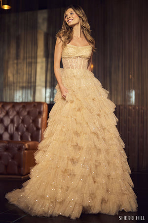Sherri Hill 55950 prom dress images.  Sherri Hill 55950 is available in these colors: Gold, Black.