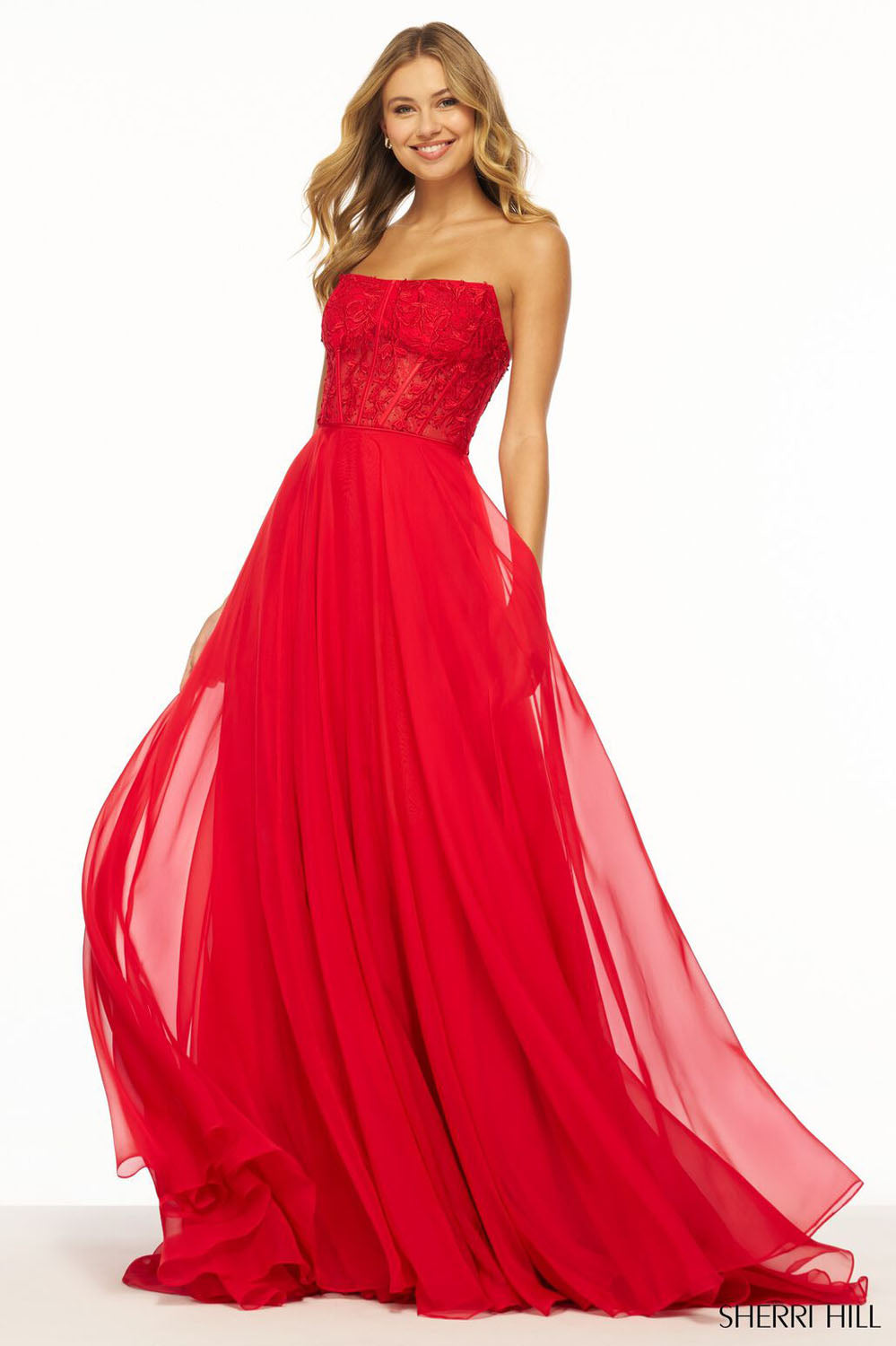 Sherri Hill 56088 prom dress images.  Sherri Hill 56088 is available in these colors: Light Blue, Ivory, Royal, Black, Lilac, Berry, Red, Yellow, Bright Pink, Periwinkle, Emerald.