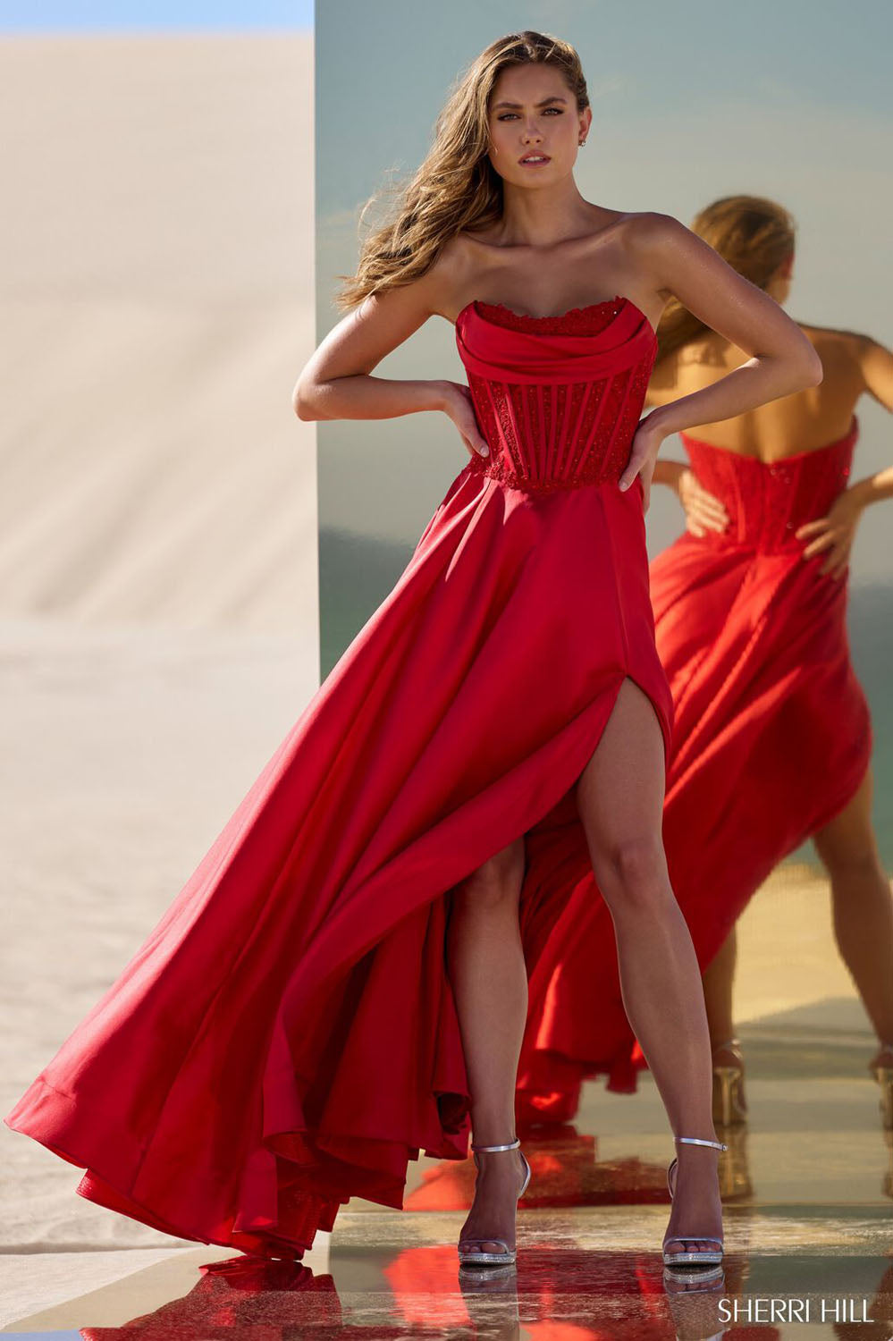 Sherri Hill 56828 prom dress images. Sherri Hill 56828 is available in these colors: Red, Royal, Navy, Black, Ivory.