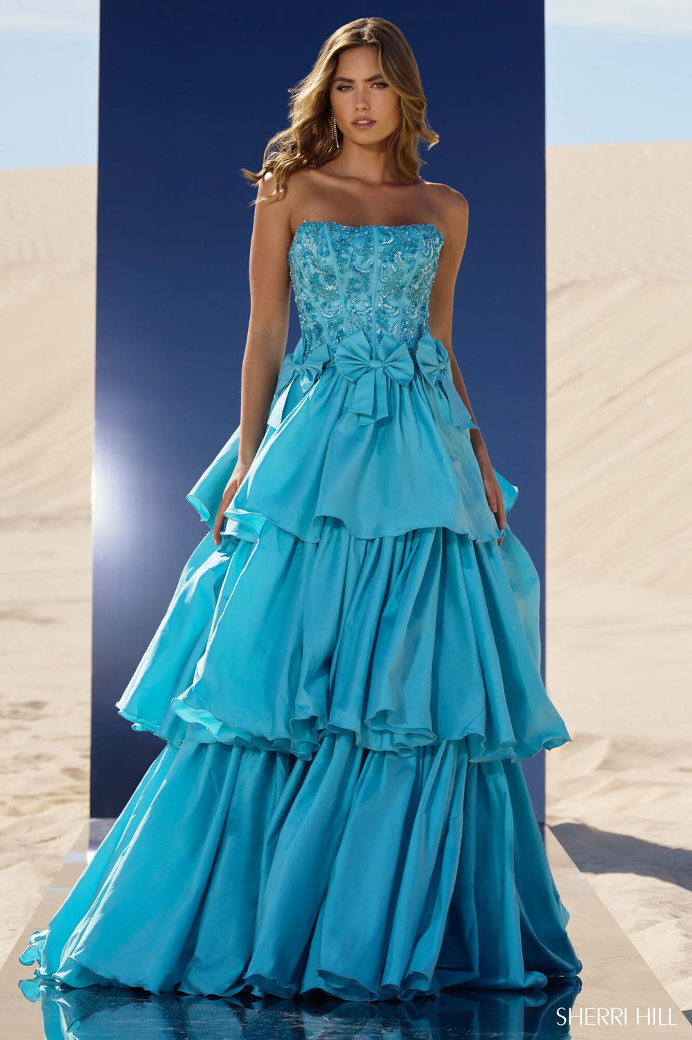 Sherri Hill 56838 prom dress images.  Sherri Hill 56838 is available in these colors: Lilac, Red Fuchsia, Bright Fuchsia, Light Blue, Aqua.