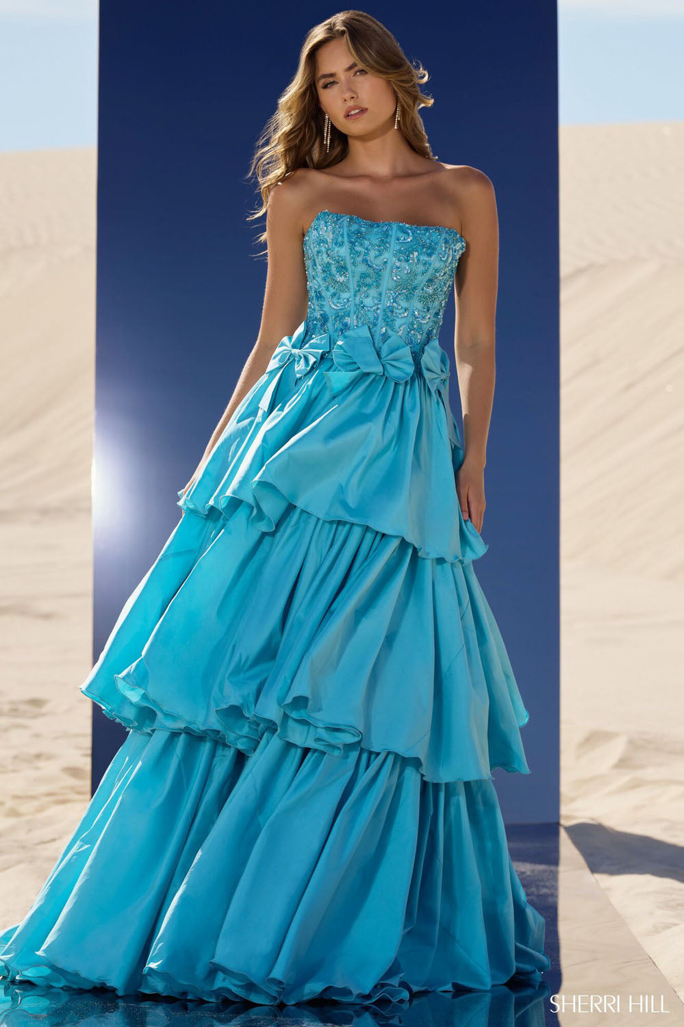 Sherri Hill 56838 prom dress images.  Sherri Hill 56838 is available in these colors: Lilac, Red Fuchsia, Bright Fuchsia, Light Blue, Aqua.