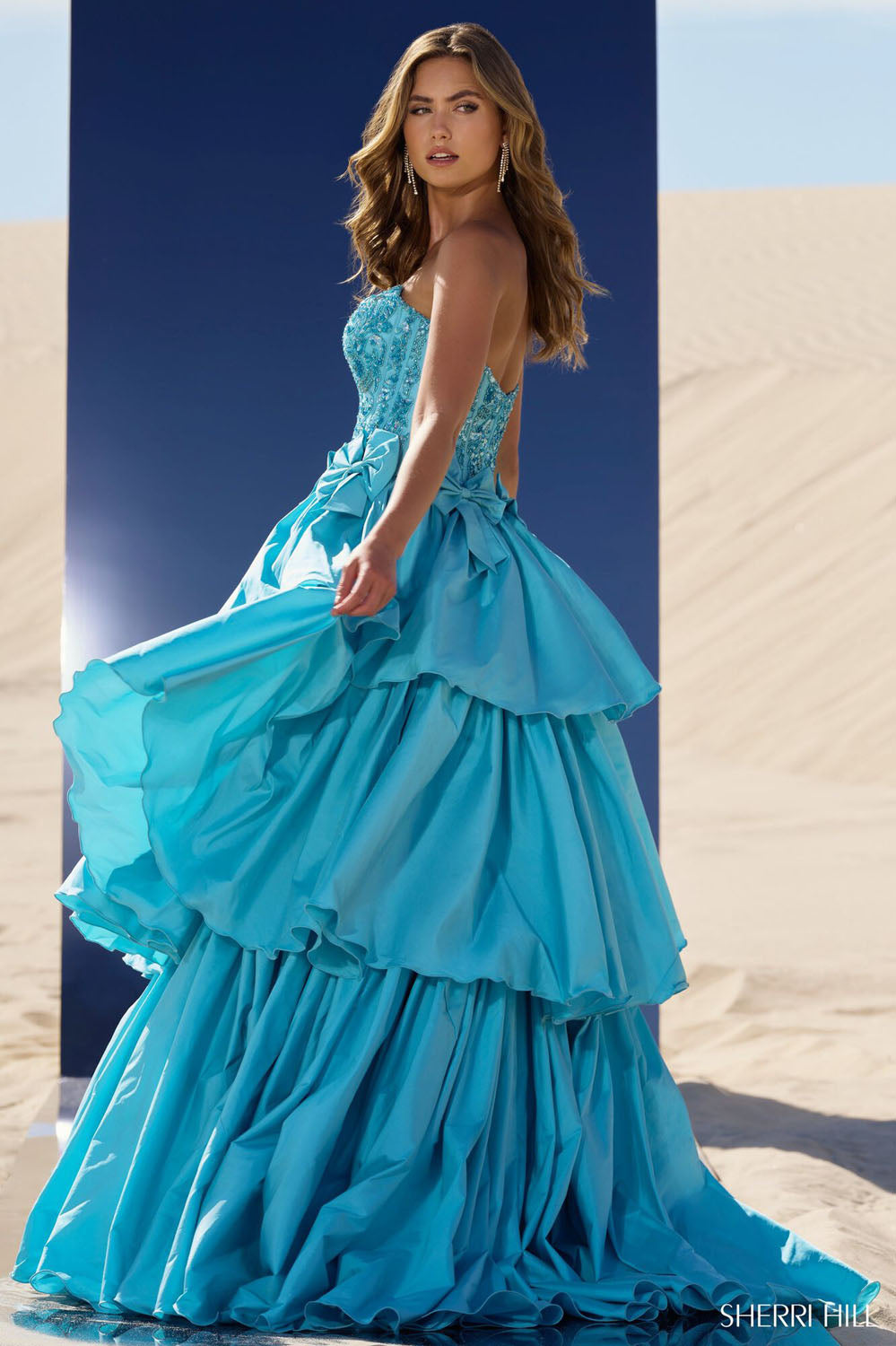Sherri Hill 56838 prom dress images.  Sherri Hill 56838 is available in these colors: Lilac, Red Fuchsia, Bright Fuchsia, Light Blue, Aqua.