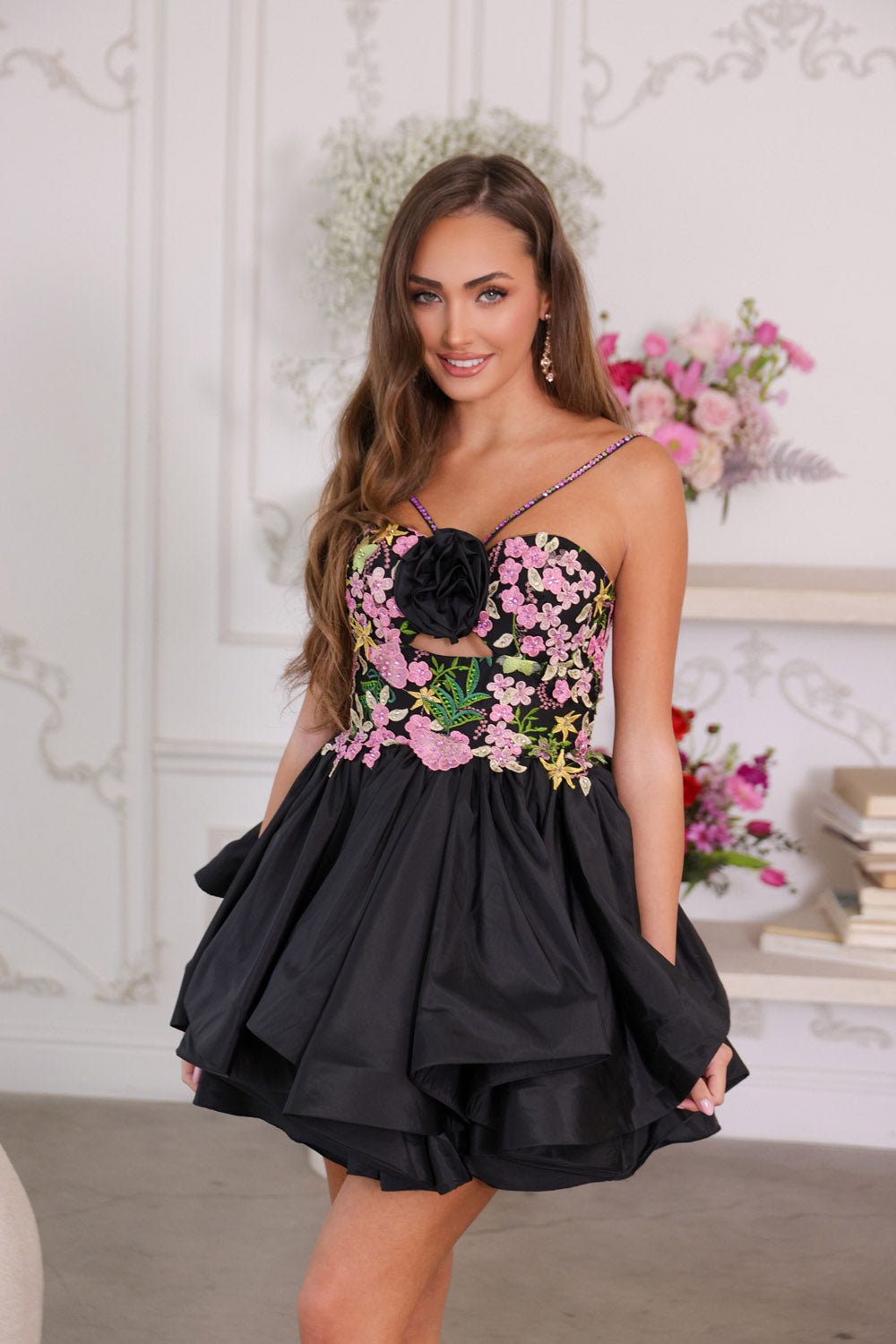 Ava Presley 26348 prom dress images.  Ava Presley 26348 is available in these colors: Black Multi, Ice Pink Multi.