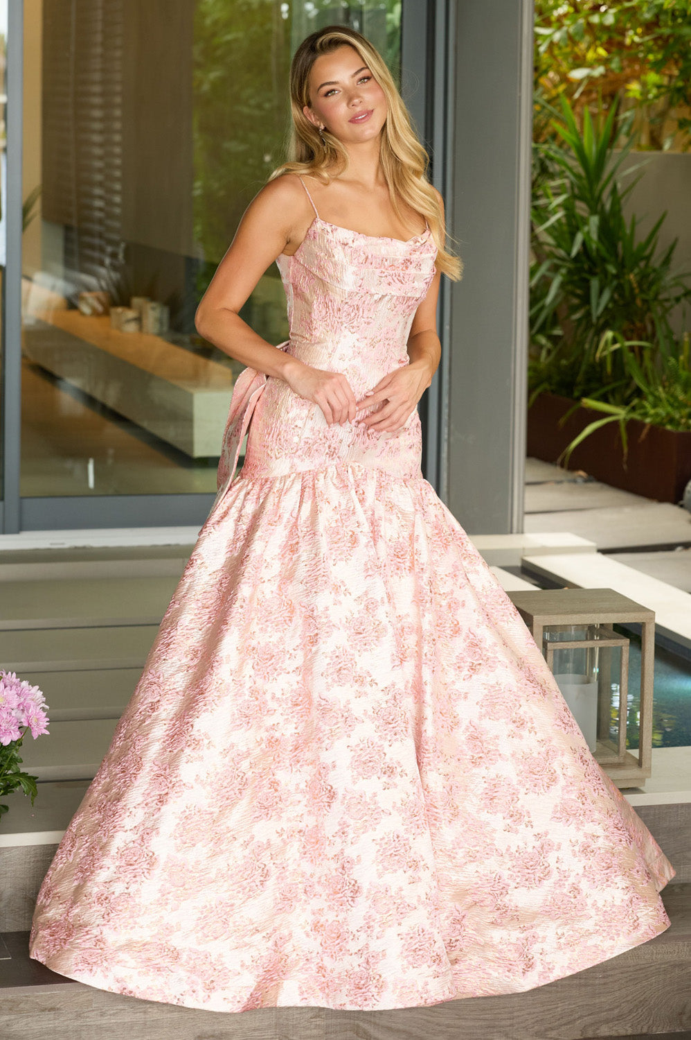 Ava Presley 26419 Blush ballgown prom dress with floral pattern and lace-up back, front view.
