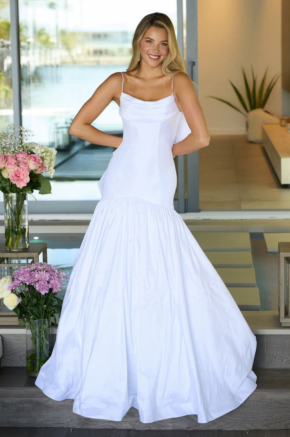 Ava Presley 26422 White mermaid prom dress with a ruffled neckline and fitted bodice, front view.
