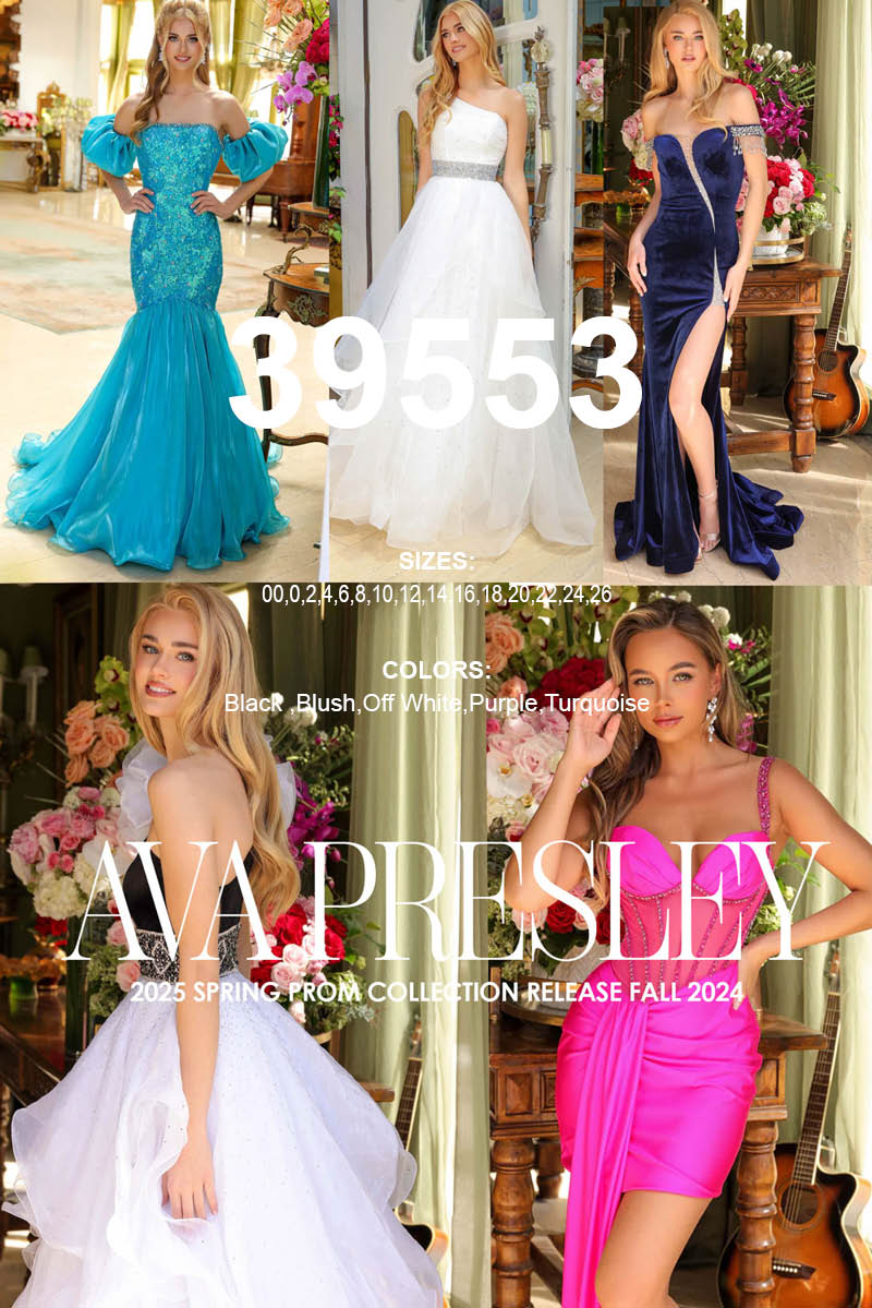 Ava Presley 39553 prom dress images.  Ava Presley 39553 is available in these colors: Black ,Blush,Off White,Purple,Turquoise.