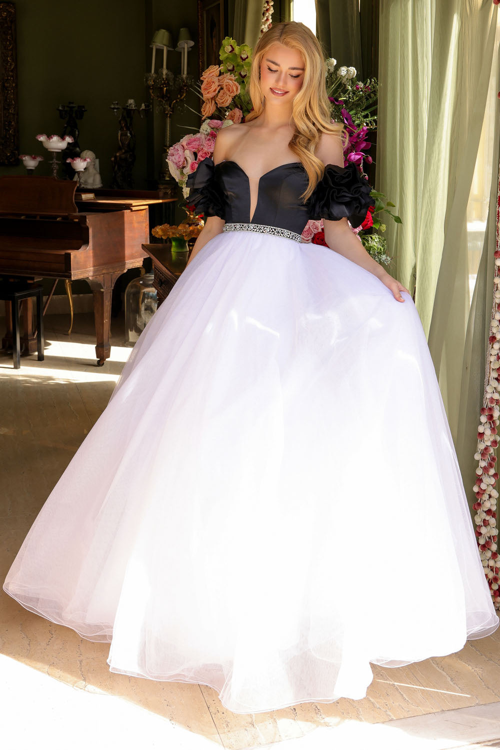Ava Presley 39581 prom dress images.  Ava Presley 39581 is available in these colors: Burgundy, Black White, Light Blue White, White.