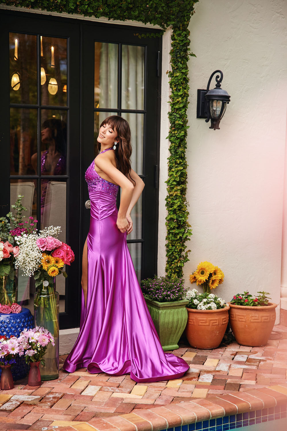 Ava Presley 40015 prom dress images.  Ava Presley 40015 is available in these colors: Violet,Emerald,Metallic Blush,Silver.