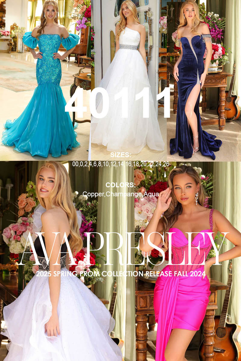 Ava Presley 40111 prom dress images.  Ava Presley 40111 is available in these colors: Copper,Champange,Aqua.