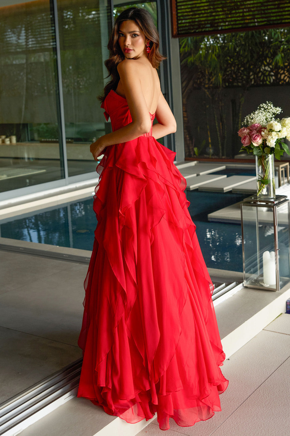Ava Presley 42209 Red formal gown with ruffled layers and a back view.