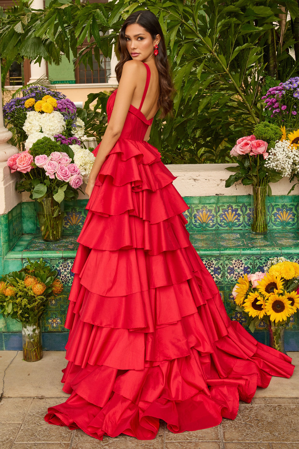 Ava Presley 42234 Red tiered ballgown with a back view, perfect for prom prom dress.