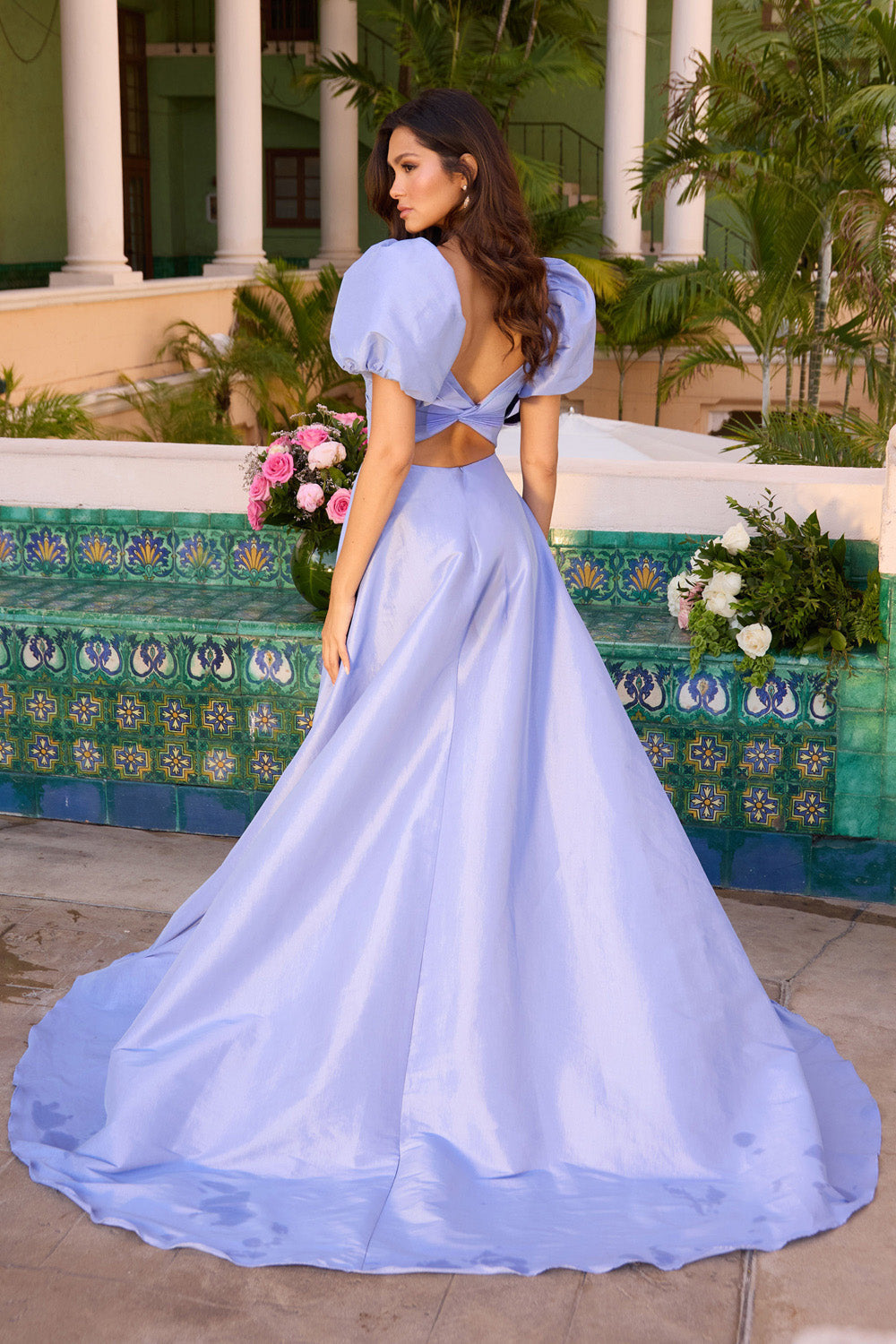 Ava Presley 42269 Periwinkle ballgown with puff sleeves and a lace-up back, back view prom dress.