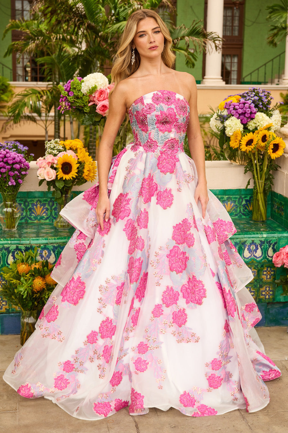 Ava Presley 42292 Strapless white and pink floral ballgown with beaded bodice, perfect for prom prom dress.
