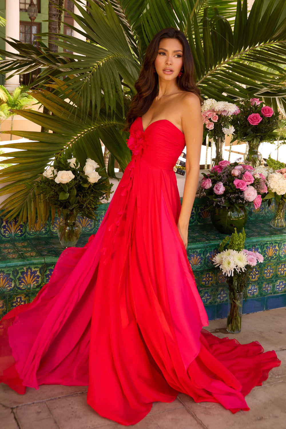 Ava Presley 42317 Strapless red hot pink prom dress with flowing skirt and floral detail.