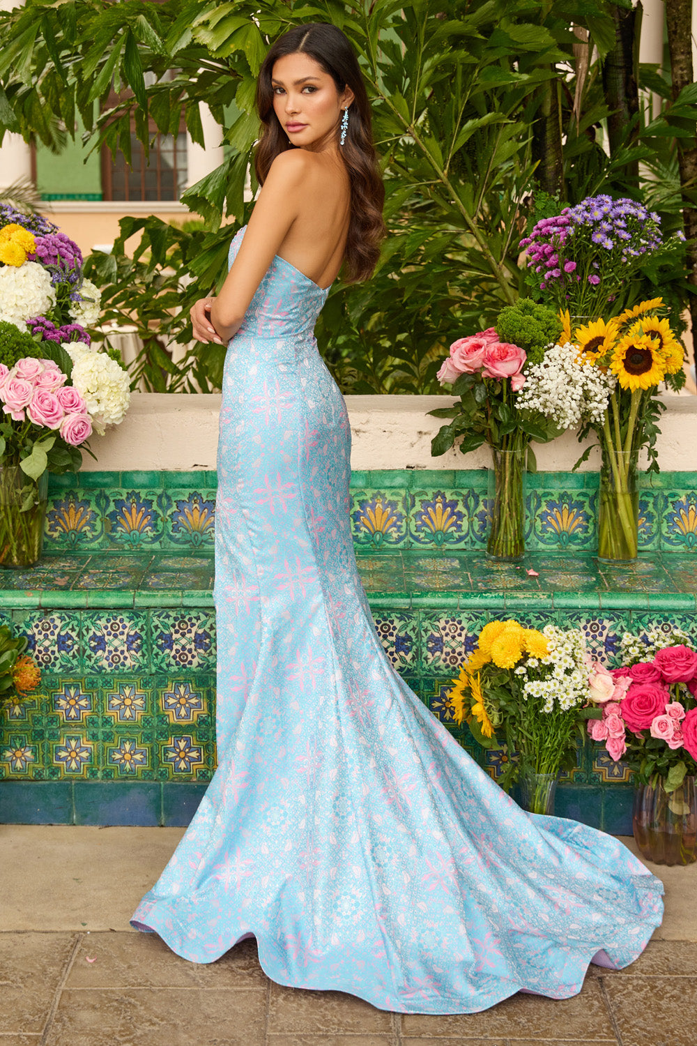 Ava Presley 42320 Light blue mermaid prom dress with a stunning lace-up back, back view.