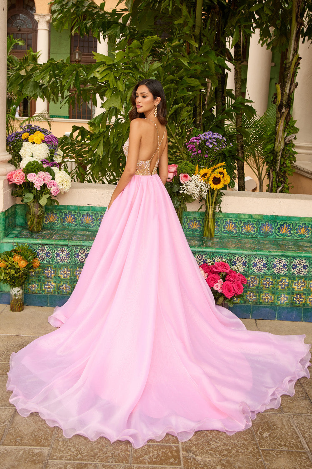 Ava Presley 47243 Nude light pink ballgown with a stunning lace-up back, back view prom dress.