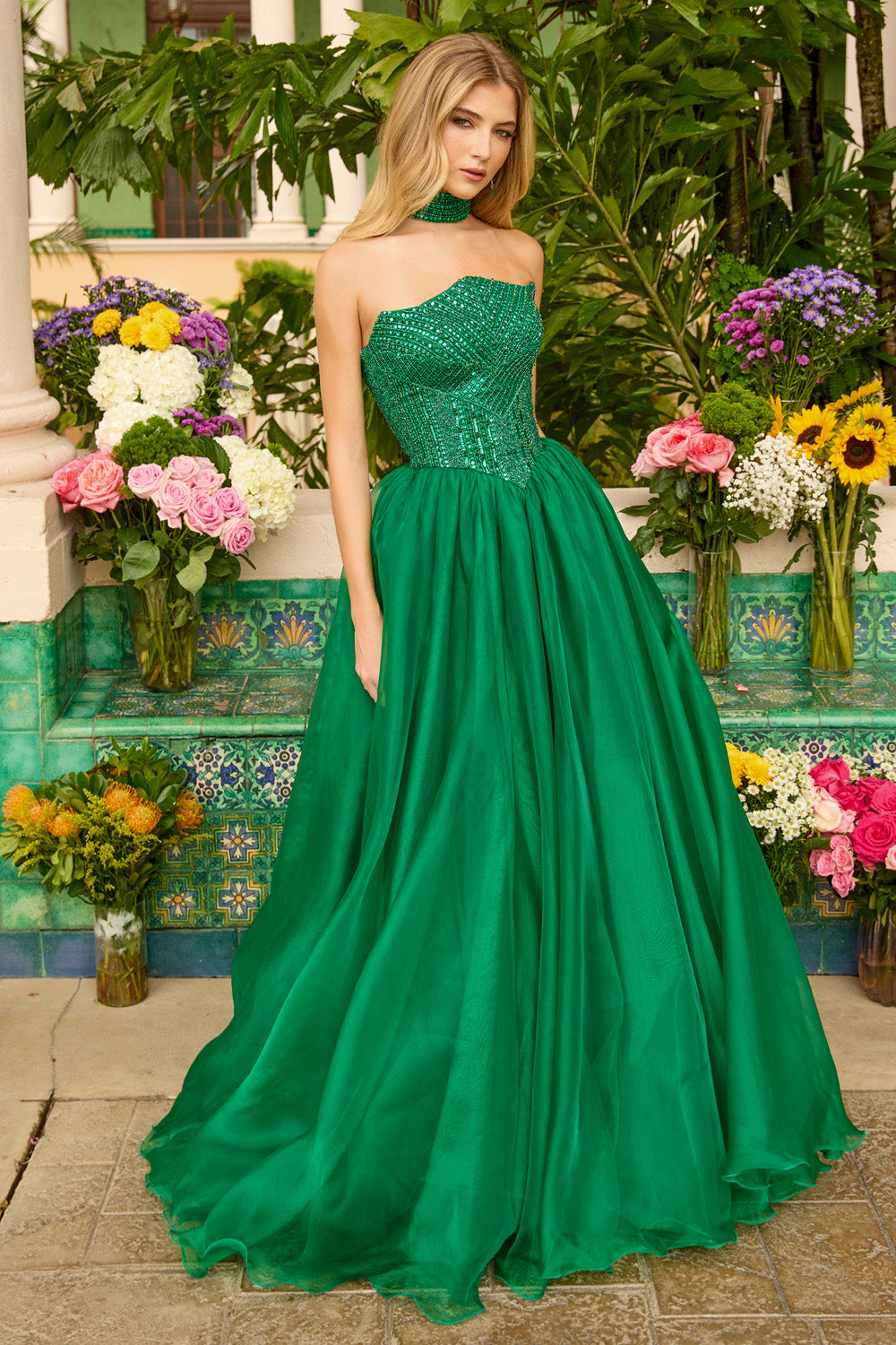 Ava Presley 47255 Emerald A-line prom dress with beaded bodice and strapless neckline.