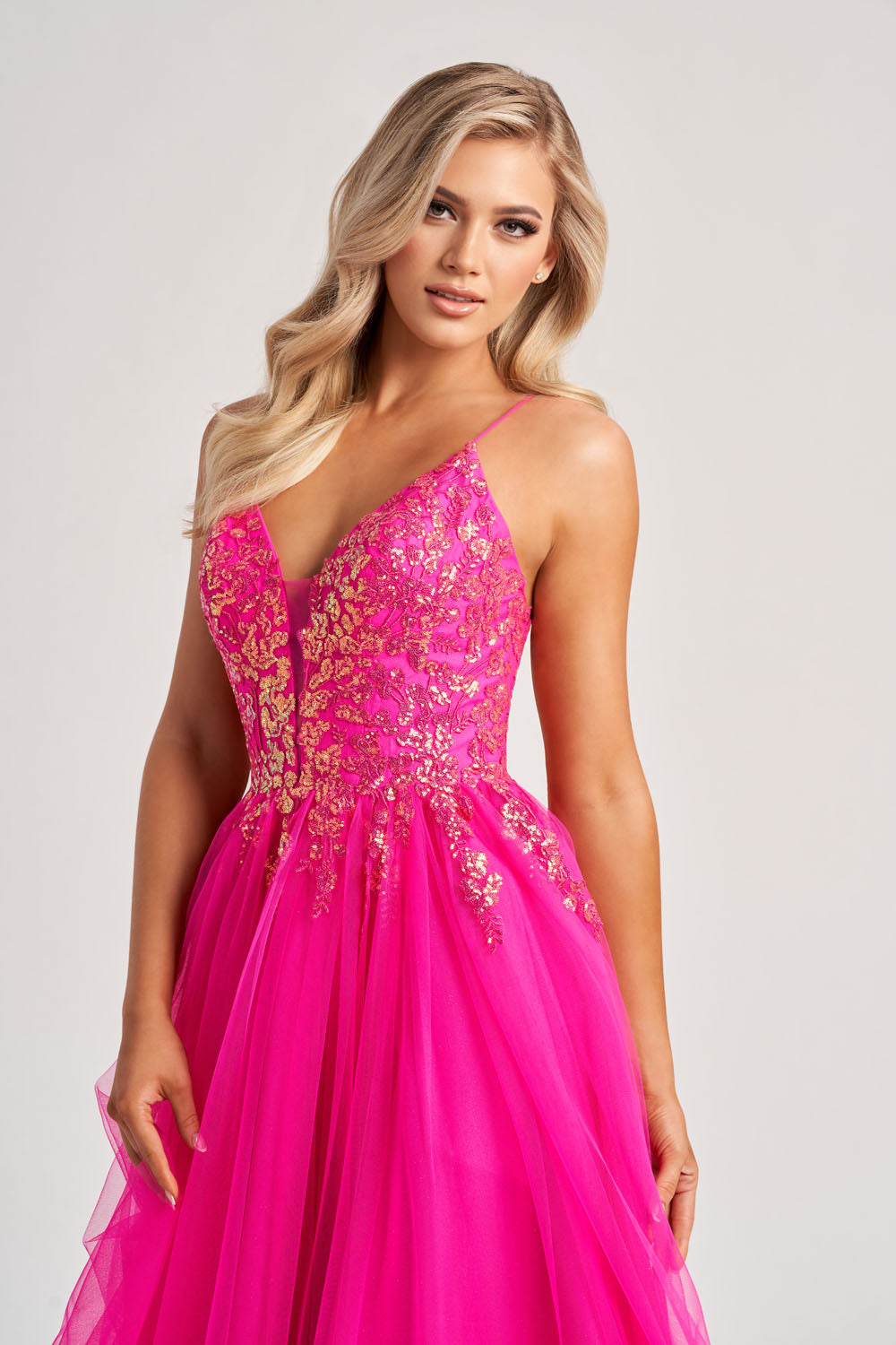 Colette CL8030 prom dress images.  Colette CL8030 is available in these colors: Sunshine, Hot Pink.